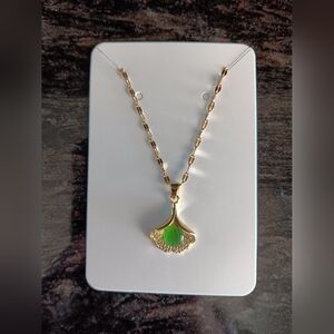 Stainless Steel Gold Necklace with Green Pendant